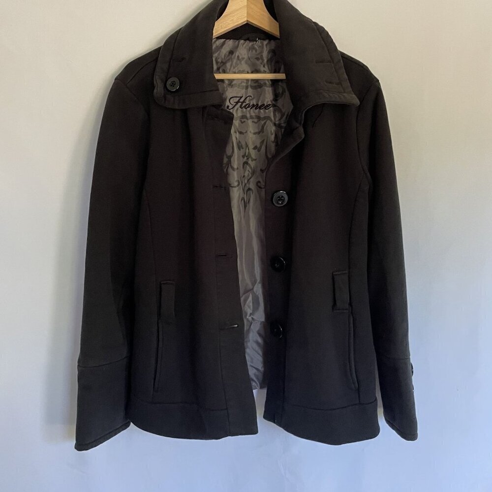 Honee black comfortable warm peacoat jacket winter cotton pockets women's XL